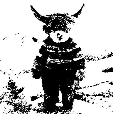 Some black and white picture that is some kind of cow creature consisting of black dots and lines
